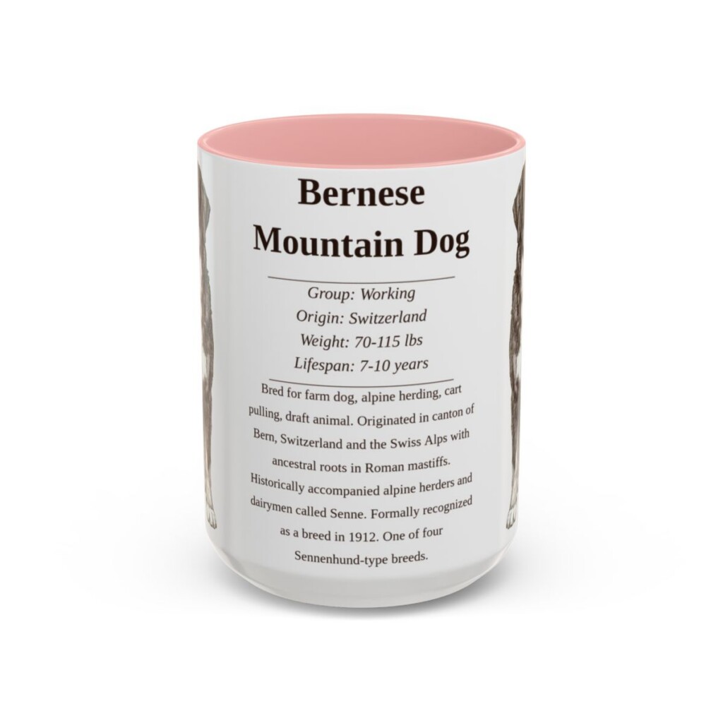 15oz Bernese Mountain Dog Mug, Illustrated Dog Breed Facts Coffee Mug, Vintage Dog Keepsake Gift