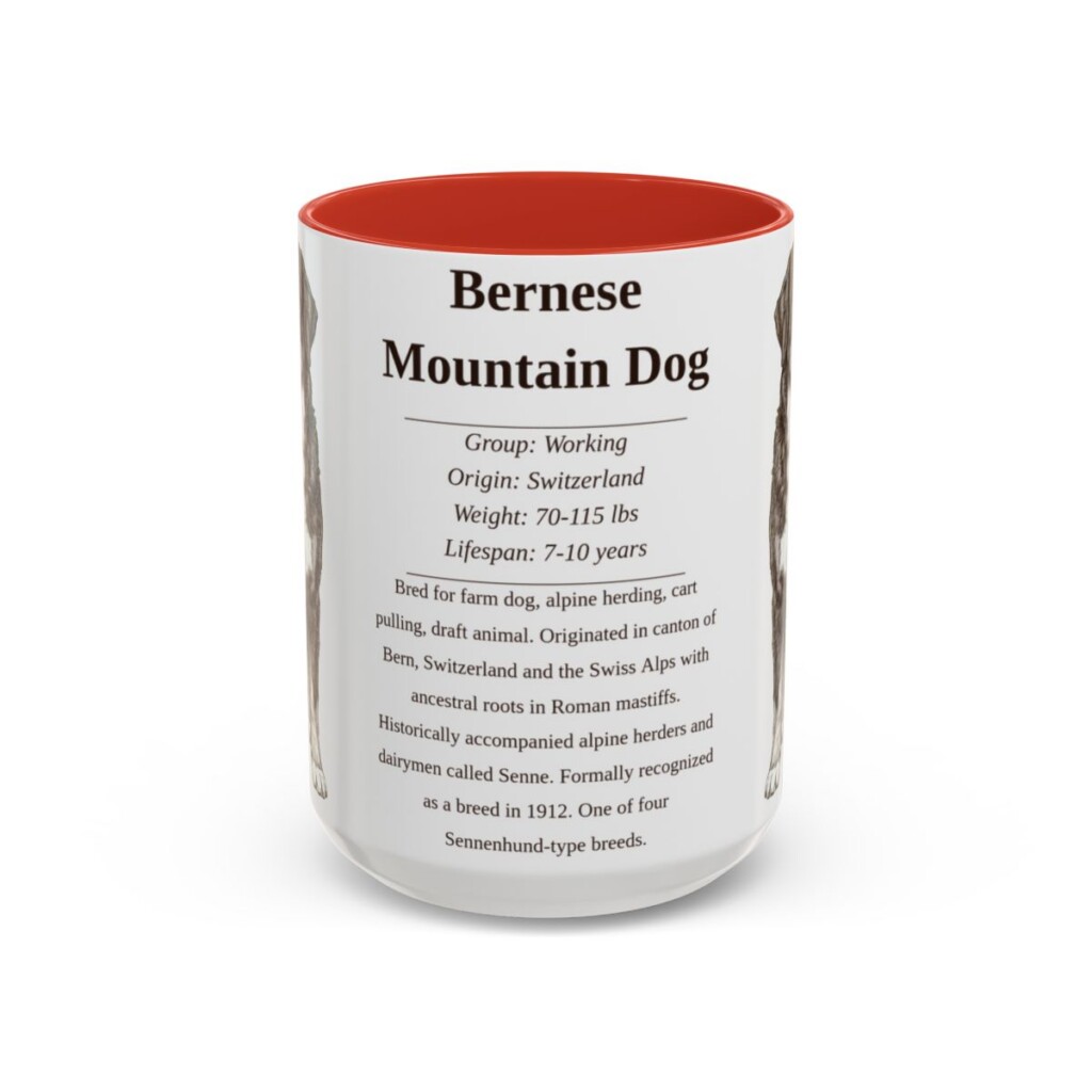 15oz Bernese Mountain Dog Mug, Illustrated Dog Breed Facts Coffee Mug, Vintage Dog Keepsake Gift