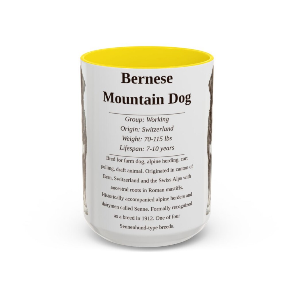 15oz Bernese Mountain Dog Mug, Illustrated Dog Breed Facts Coffee Mug, Vintage Dog Keepsake Gift