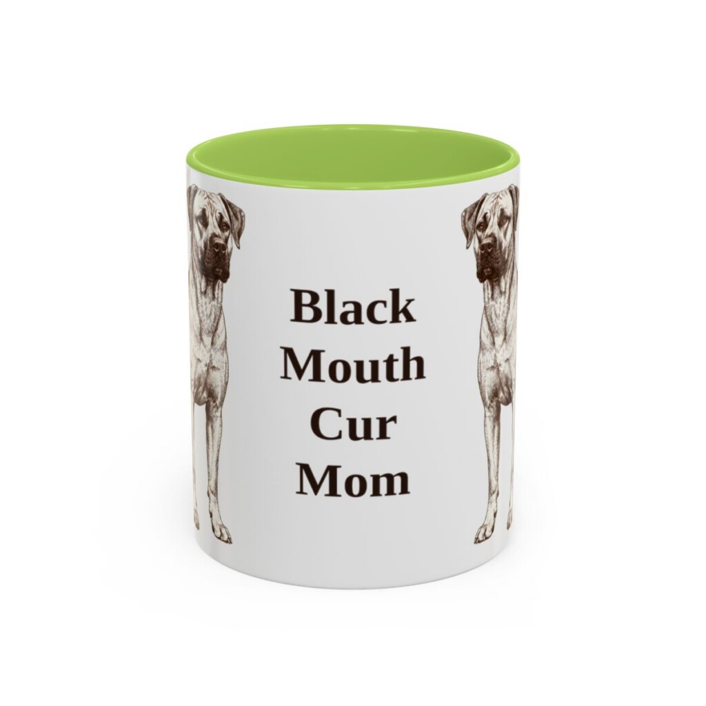 black-mouth-cur-mug-mom-light-green-1 11oz Black Mouth Cur Dog Mom Mug, Vintage Sketch Coffee Mug, Dog Mom Gift