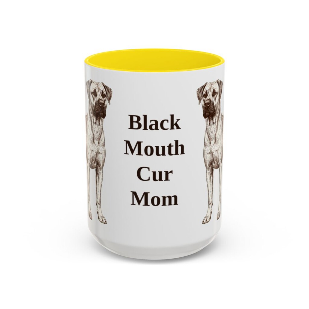 black-mouth-cur-mug-mom-yellow-2 15oz Black Mouth Cur Dog Mom Mug, Vintage Sketch Coffee Mug, Dog Mom Gift