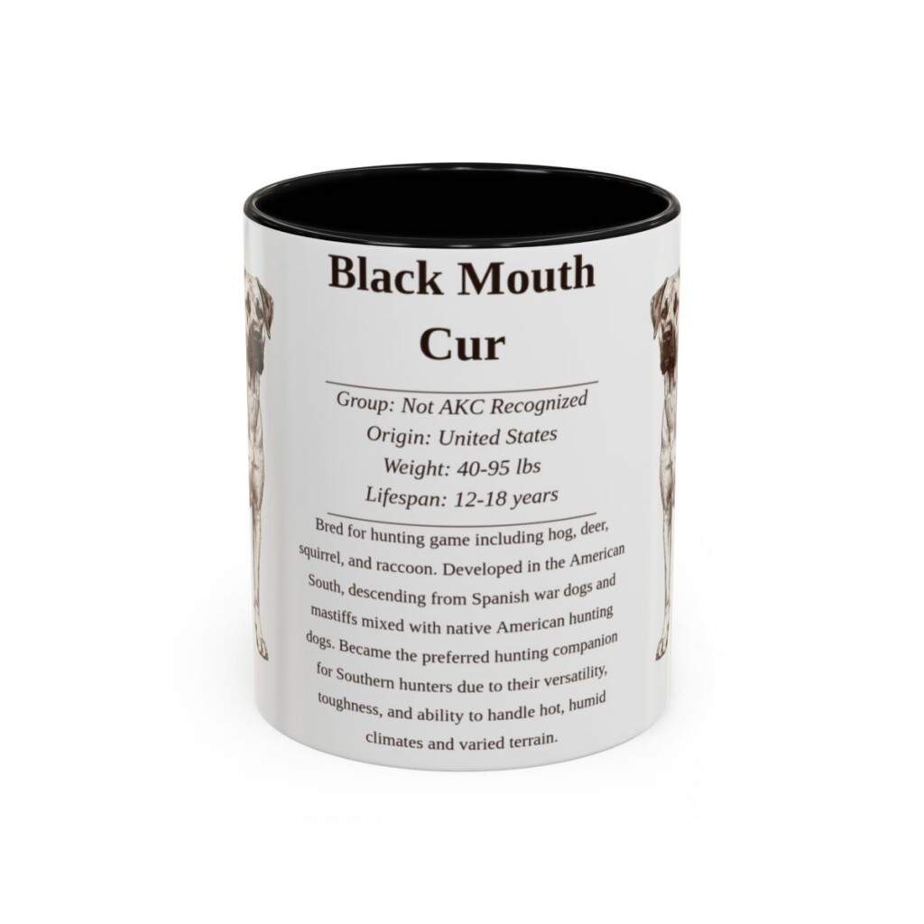 black-mouth-cur-mug-writeup-black-front-4 11oz Black Mouth Cur Mug, Illustrated Dog Breed Facts Coffee Mug, Vintage Dog Keepsake Gift