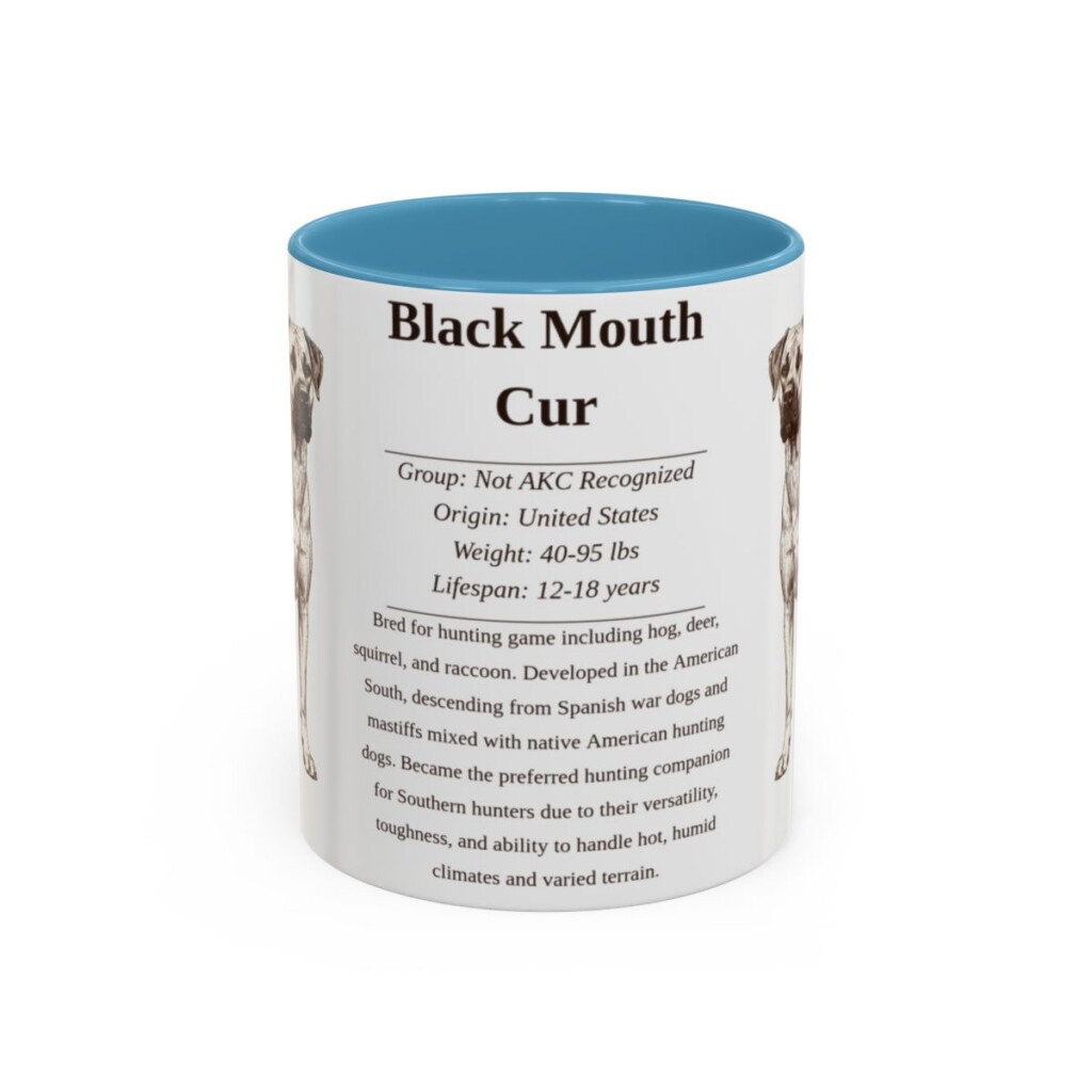 black-mouth-cur-mug-writeup-light-blue-4 11oz Black Mouth Cur Mug, Illustrated Dog Breed Facts Coffee Mug, Vintage Dog Keepsake Gift