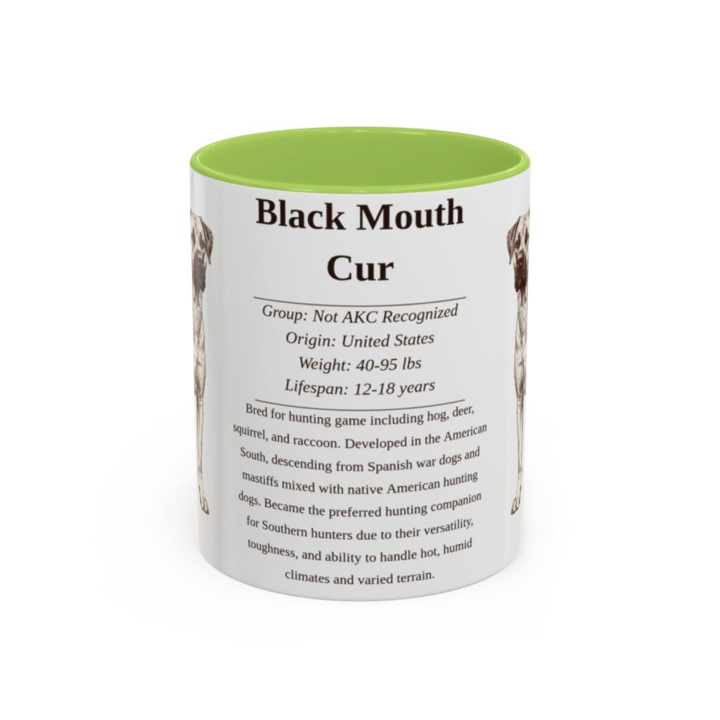 black-mouth-cur-mug-writeup-light-green-2 11oz Black Mouth Cur Mug, Illustrated Dog Breed Facts Coffee Mug, Vintage Dog Keepsake Gift