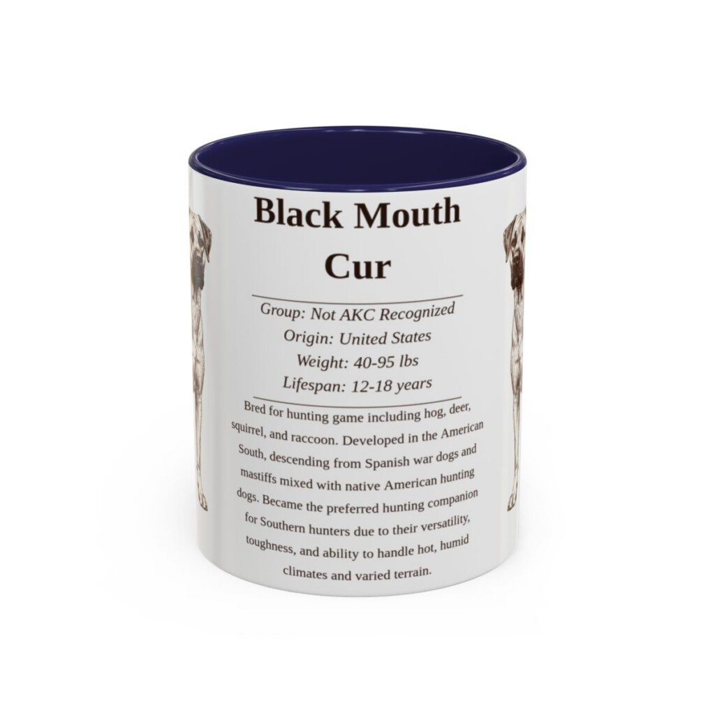 black-mouth-cur-mug-writeup-navy-4 11oz Black Mouth Cur Mug, Illustrated Dog Breed Facts Coffee Mug, Vintage Dog Keepsake Gift