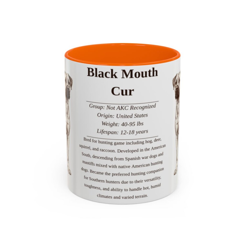 black-mouth-cur-mug-writeup-orange-4 11oz Black Mouth Cur Mug, Illustrated Dog Breed Facts Coffee Mug, Vintage Dog Keepsake Gift
