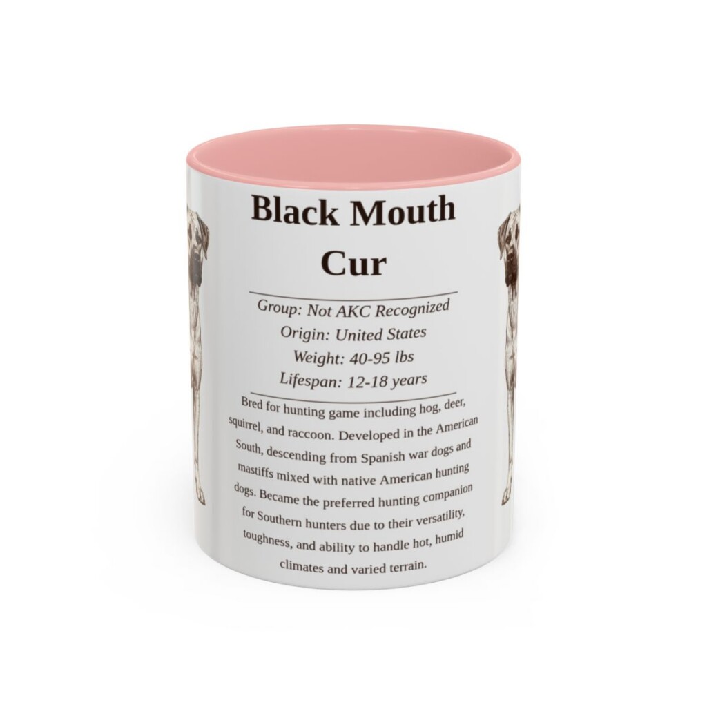 black-mouth-cur-mug-writeup-pink-4 11oz Black Mouth Cur Mug, Illustrated Dog Breed Facts Coffee Mug, Vintage Dog Keepsake Gift