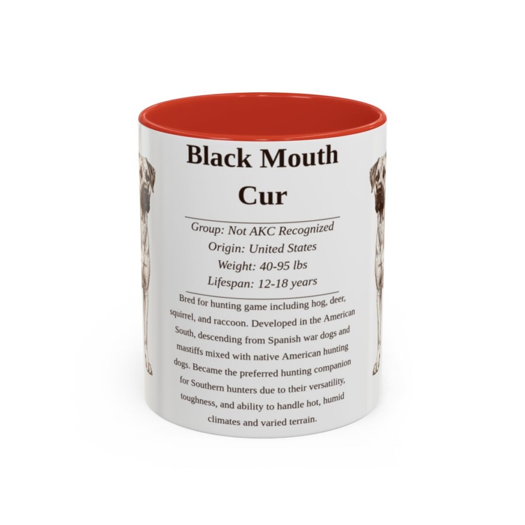 black-mouth-cur-mug-writeup-red-4 11oz Black Mouth Cur Mug, Illustrated Dog Breed Facts Coffee Mug, Vintage Dog Keepsake Gift