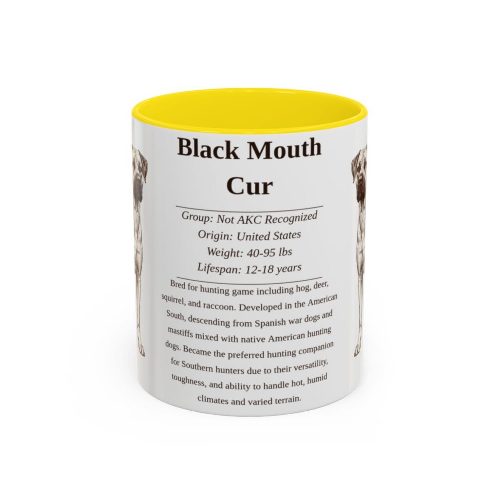 black-mouth-cur-mug-writeup-yellow-4 11oz Black Mouth Cur Mug, Illustrated Dog Breed Facts Coffee Mug, Vintage Dog Keepsake Gift