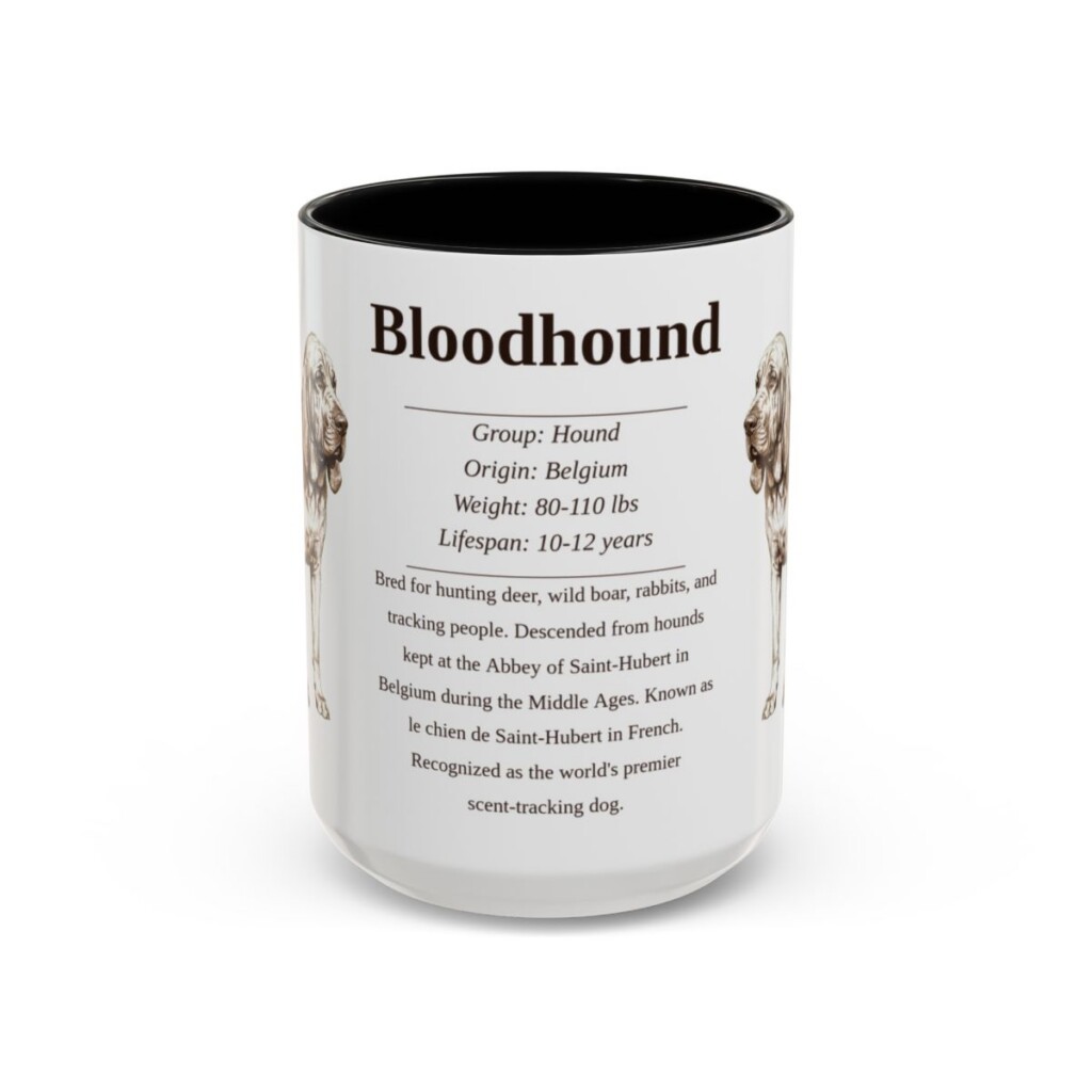bloodhound-mug-writeup-black-front-1 15oz Bloodhound Mug, Illustrated Dog Breed Facts Coffee Mug, Vintage Dog Keepsake Gift
