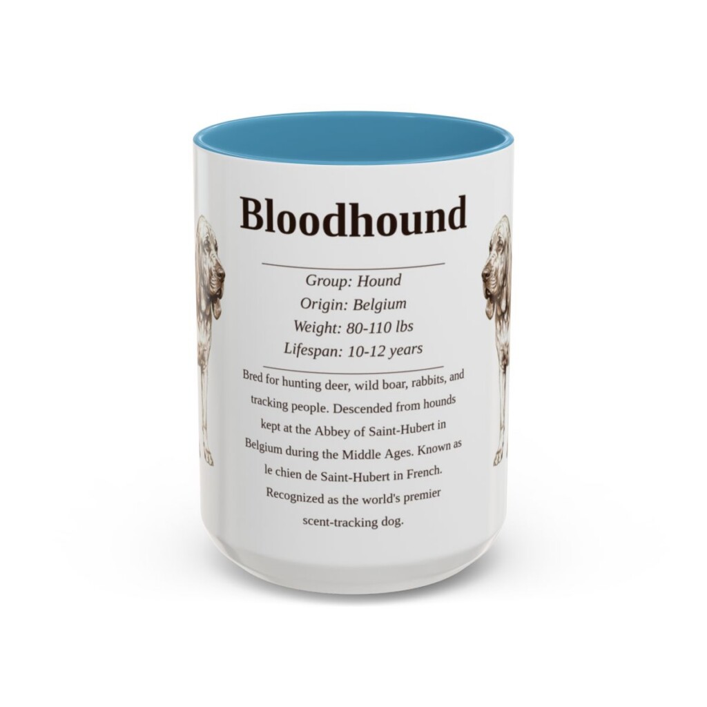 bloodhound-mug-writeup-light-blue-1 15oz Bloodhound Mug, Illustrated Dog Breed Facts Coffee Mug, Vintage Dog Keepsake Gift