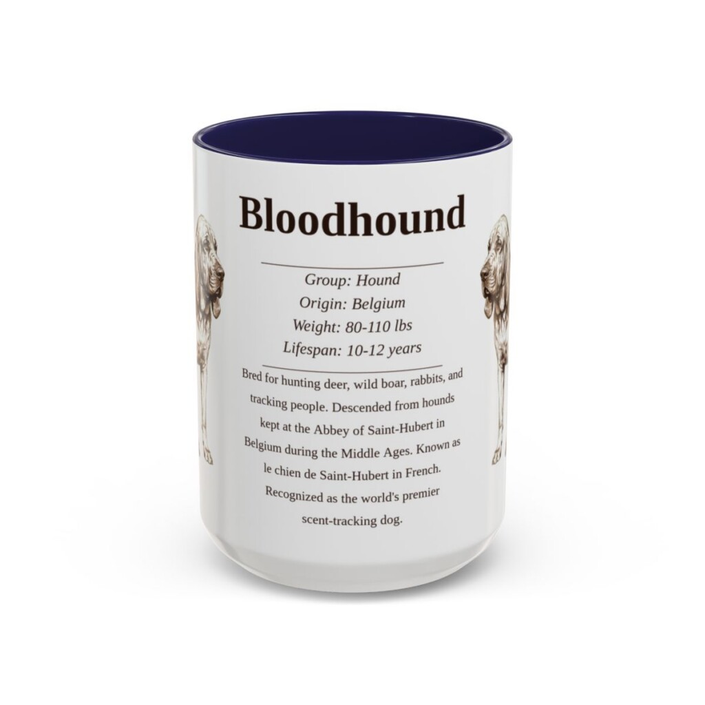 bloodhound-mug-writeup-navy-1 15oz Bloodhound Mug, Illustrated Dog Breed Facts Coffee Mug, Vintage Dog Keepsake Gift