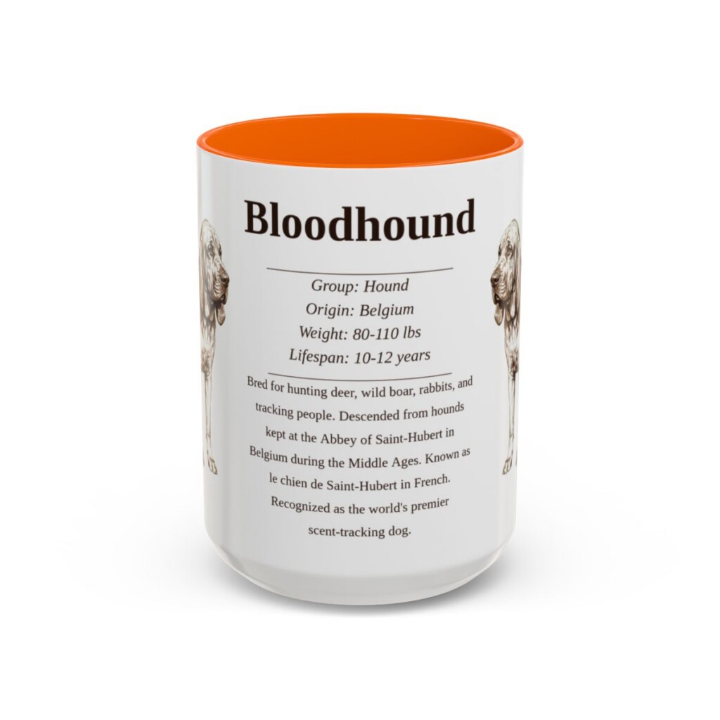 bloodhound-mug-writeup-orange-1 15oz Bloodhound Mug, Illustrated Dog Breed Facts Coffee Mug, Vintage Dog Keepsake Gift