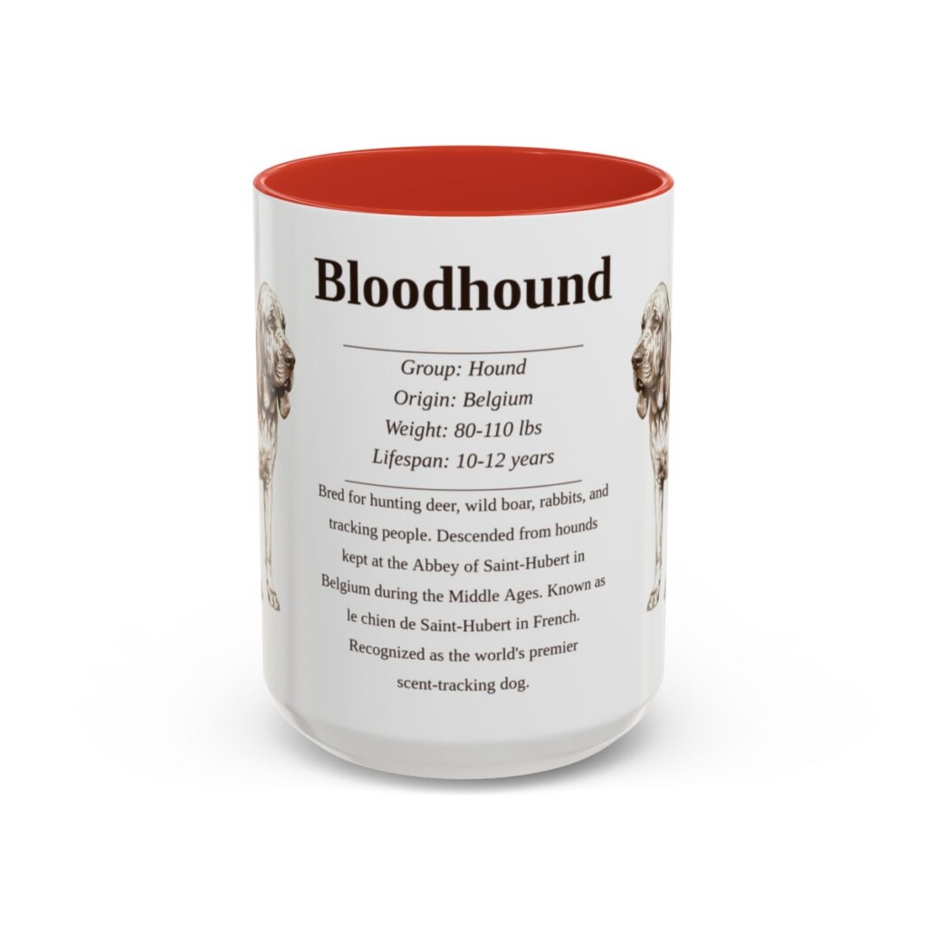bloodhound-mug-writeup-red-1 15oz Bloodhound Mug, Illustrated Dog Breed Facts Coffee Mug, Vintage Dog Keepsake Gift