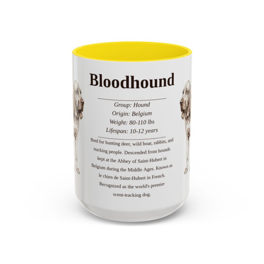 bloodhound-mug-writeup-yellow-1 15oz Bloodhound Mug, Illustrated Dog Breed Facts Coffee Mug, Vintage Dog Keepsake Gift
