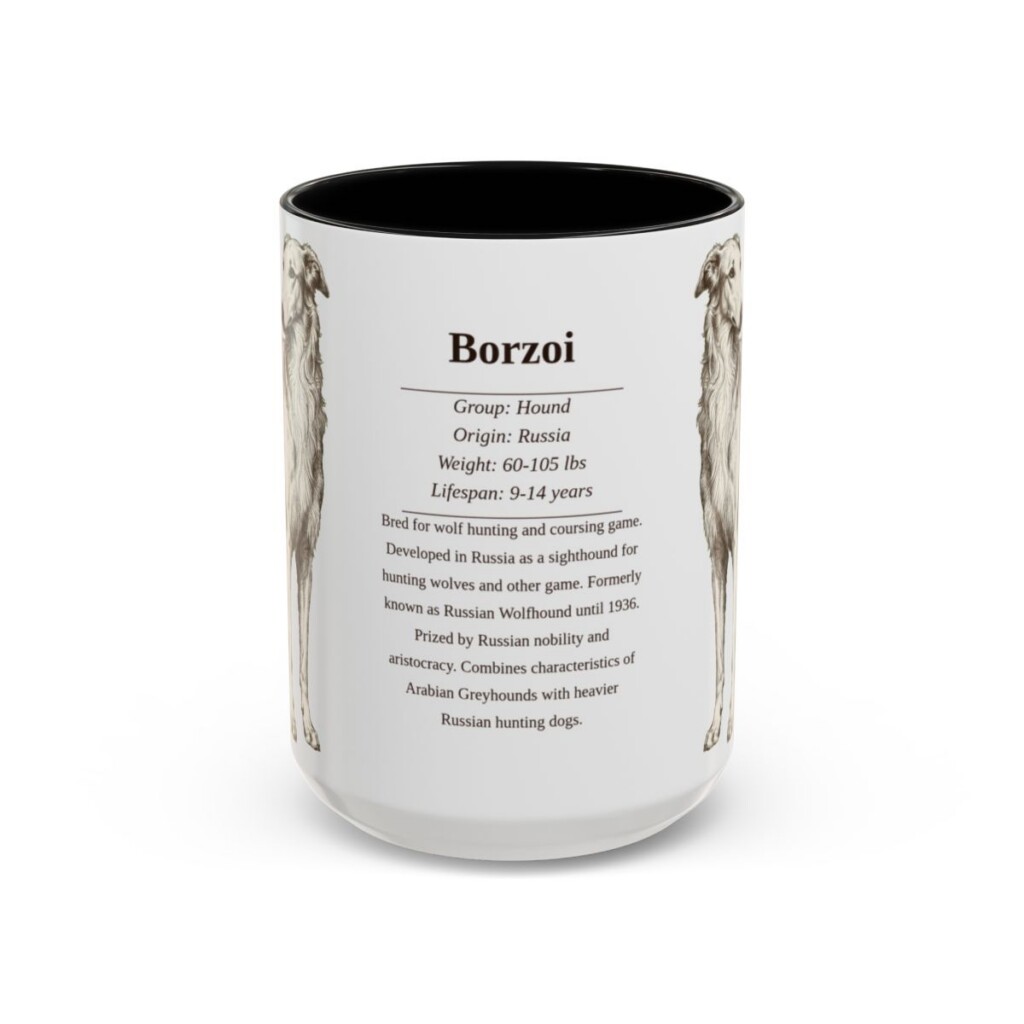 15oz Borzoi Mug, Illustrated Dog Breed Facts Coffee Mug, Vintage Dog Keepsake Gift
