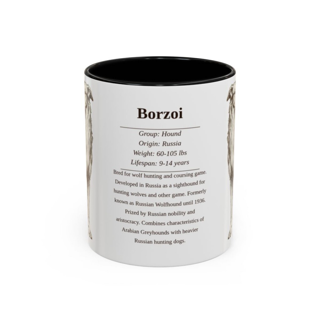 borzoi-mug-writeup-black-front-7 11oz Borzoi Mug, Illustrated Dog Breed Facts Coffee Mug, Vintage Dog Keepsake Gift