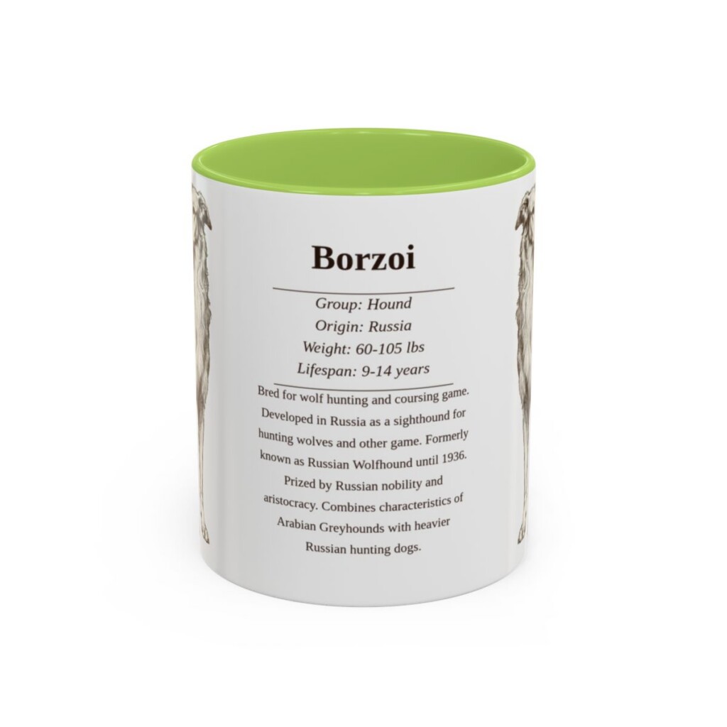 borzoi-mug-writeup-light-green-3 11oz Borzoi Mug, Illustrated Dog Breed Facts Coffee Mug, Vintage Dog Keepsake Gift