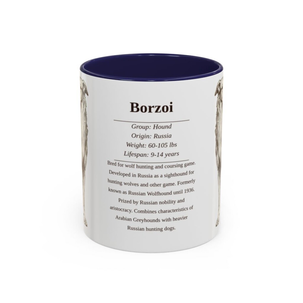 borzoi-mug-writeup-navy-7 11oz Borzoi Mug, Illustrated Dog Breed Facts Coffee Mug, Vintage Dog Keepsake Gift