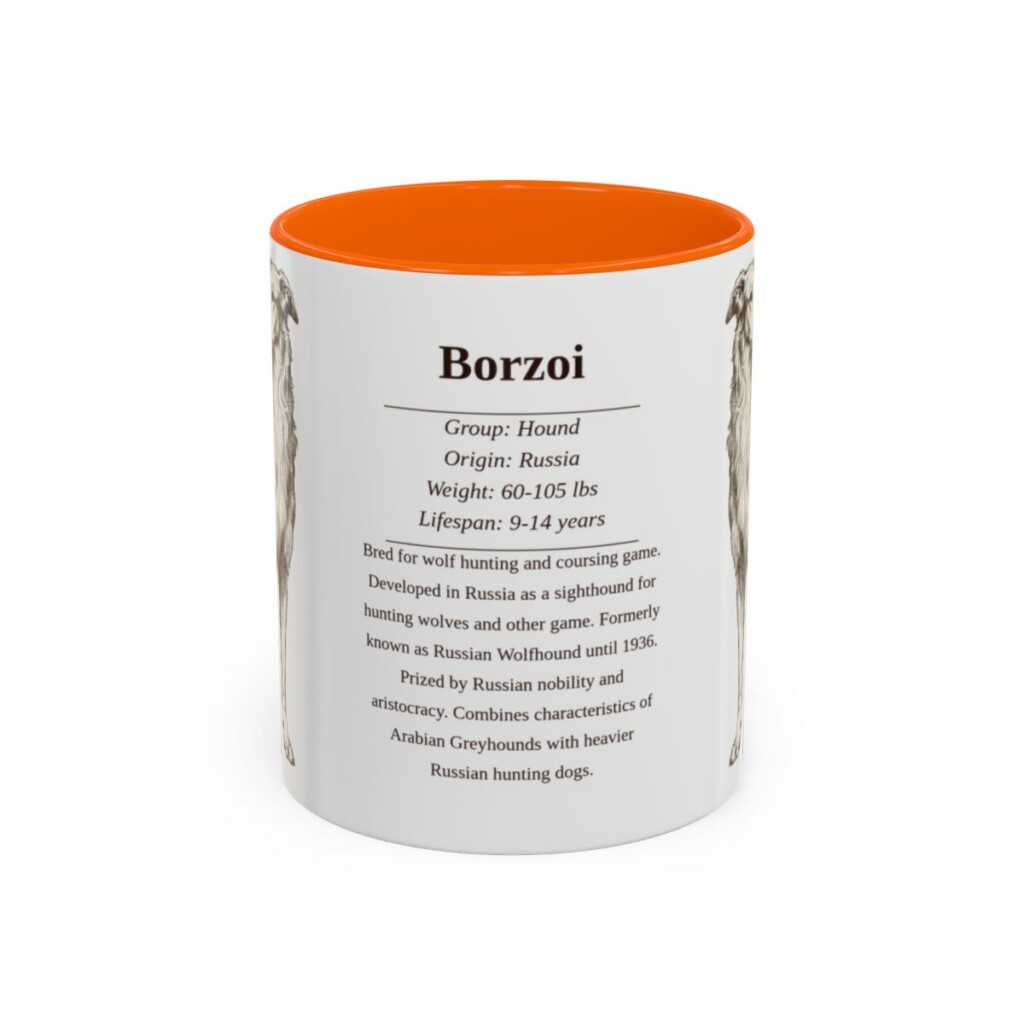 borzoi-mug-writeup-orange-7 11oz Borzoi Mug, Illustrated Dog Breed Facts Coffee Mug, Vintage Dog Keepsake Gift
