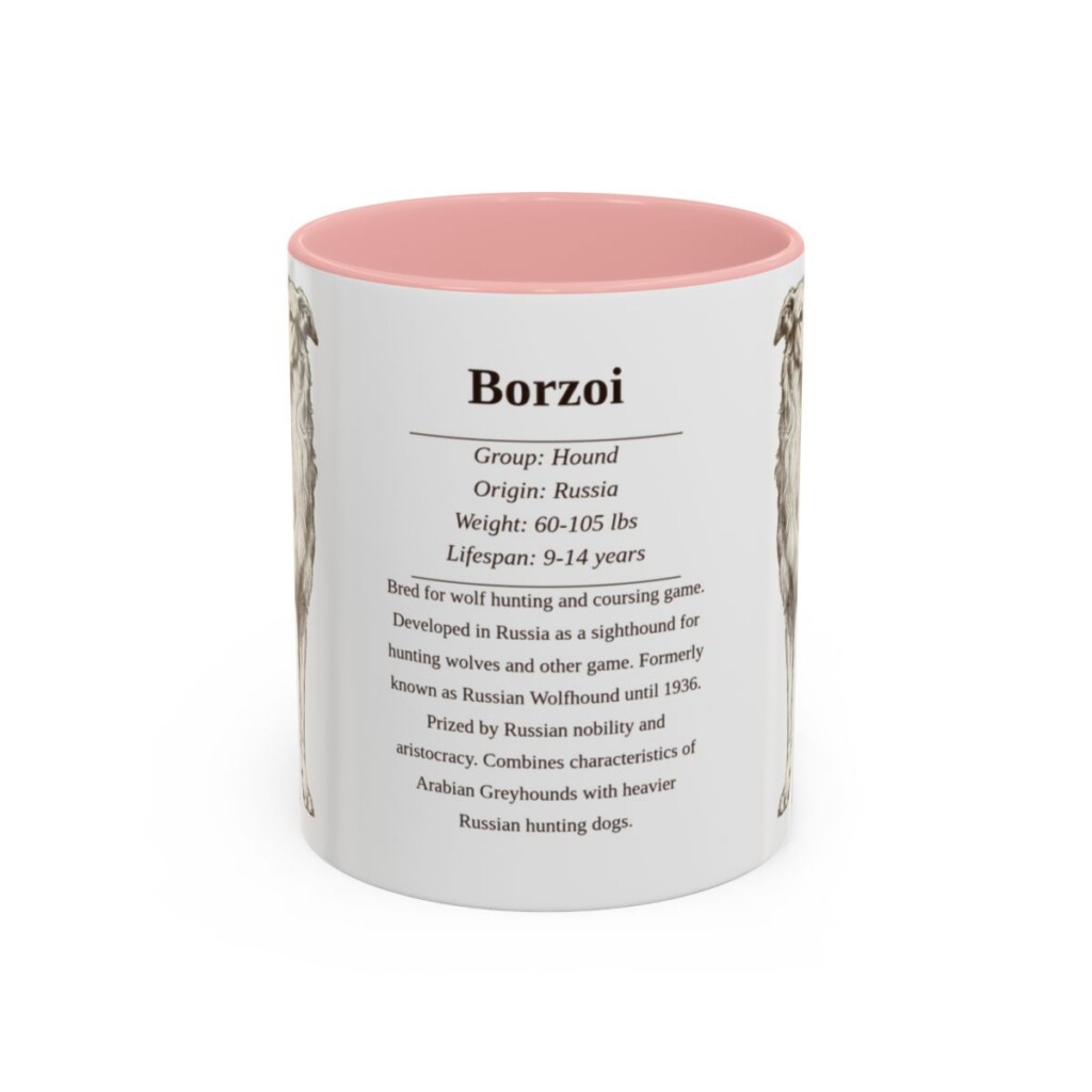 borzoi-mug-writeup-pink-7 11oz Borzoi Mug, Illustrated Dog Breed Facts Coffee Mug, Vintage Dog Keepsake Gift