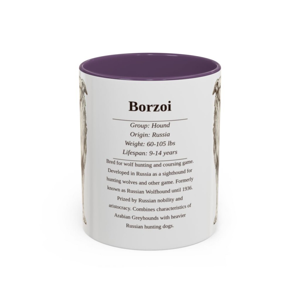 borzoi-mug-writeup-purple-3 11oz Borzoi Mug, Illustrated Dog Breed Facts Coffee Mug, Vintage Dog Keepsake Gift
