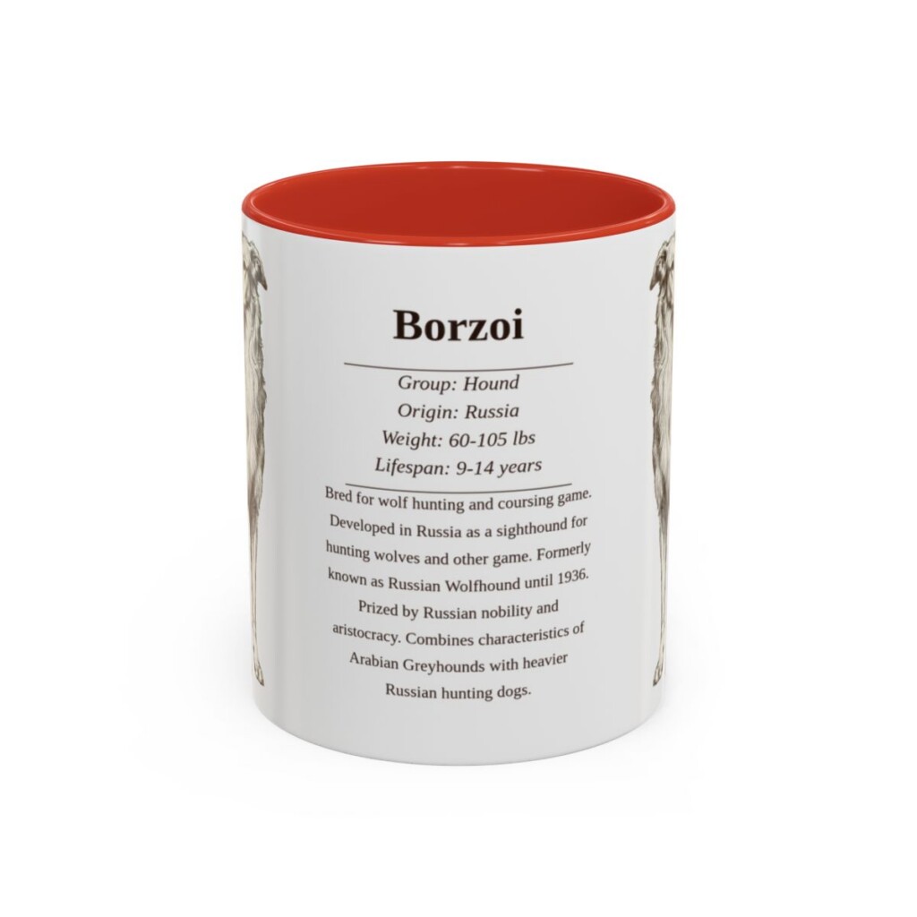 borzoi-mug-writeup-red-7 11oz Borzoi Mug, Illustrated Dog Breed Facts Coffee Mug, Vintage Dog Keepsake Gift