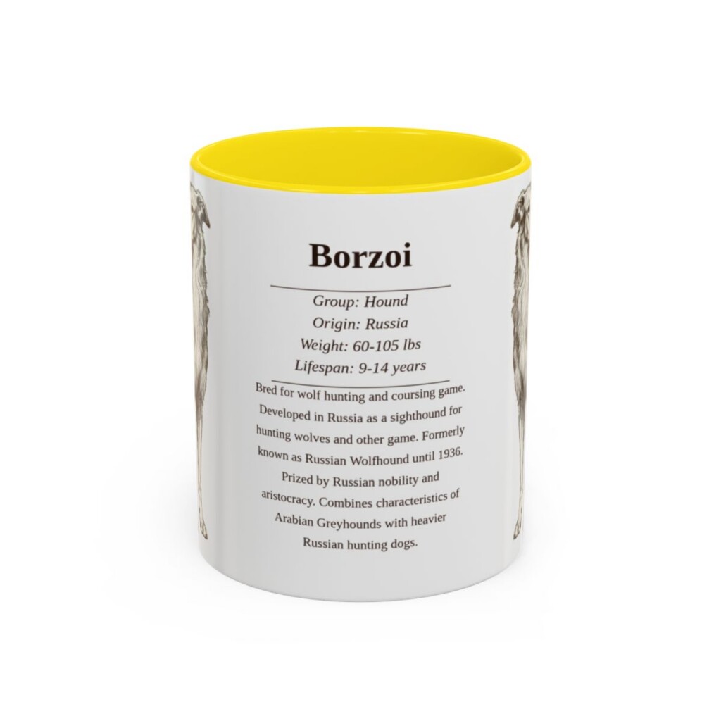 borzoi-mug-writeup-yellow-7 11oz Borzoi Mug, Illustrated Dog Breed Facts Coffee Mug, Vintage Dog Keepsake Gift