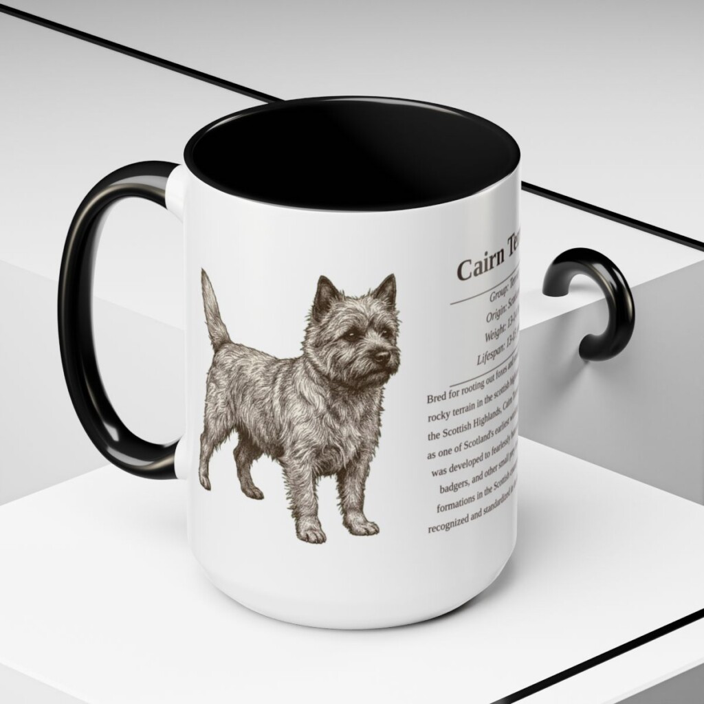 cairn-terrier-mug-writeup-black-context-2-3 15oz Cairn Terrier Mug, Illustrated Dog Breed Facts Coffee Mug, Vintage Dog Keepsake Gift