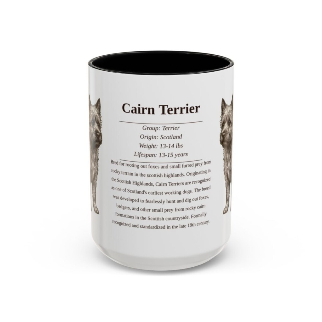cairn-terrier-mug-writeup-black-front-3 15oz Cairn Terrier Mug, Illustrated Dog Breed Facts Coffee Mug, Vintage Dog Keepsake Gift