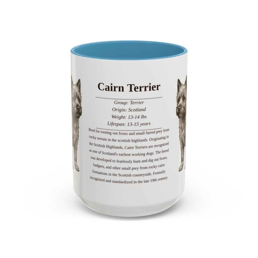 cairn-terrier-mug-writeup-light-blue-3 15oz Cairn Terrier Mug, Illustrated Dog Breed Facts Coffee Mug, Vintage Dog Keepsake Gift