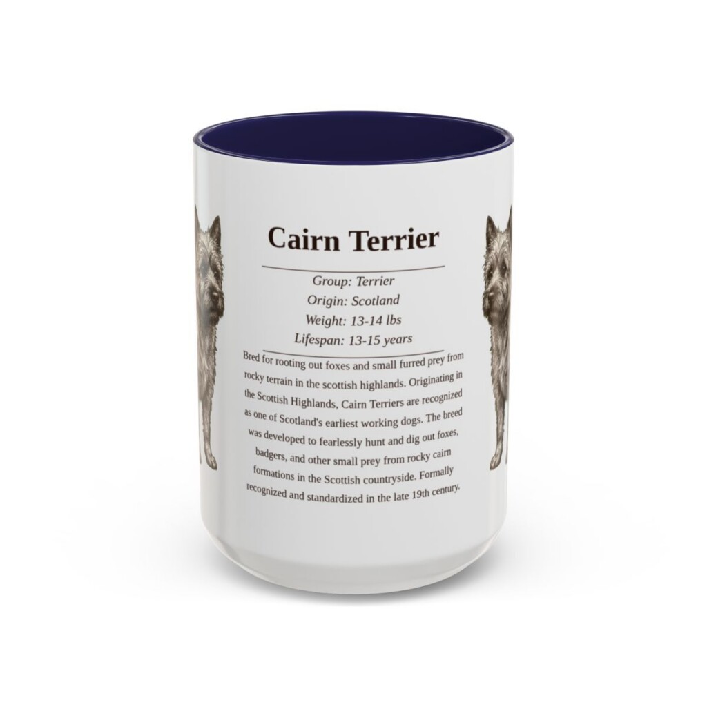 cairn-terrier-mug-writeup-navy-3 15oz Cairn Terrier Mug, Illustrated Dog Breed Facts Coffee Mug, Vintage Dog Keepsake Gift