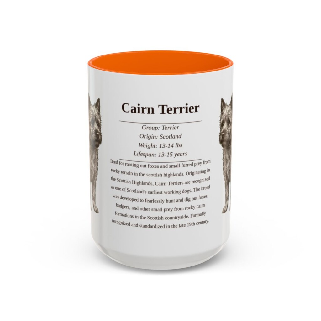 cairn-terrier-mug-writeup-orange-3 15oz Cairn Terrier Mug, Illustrated Dog Breed Facts Coffee Mug, Vintage Dog Keepsake Gift