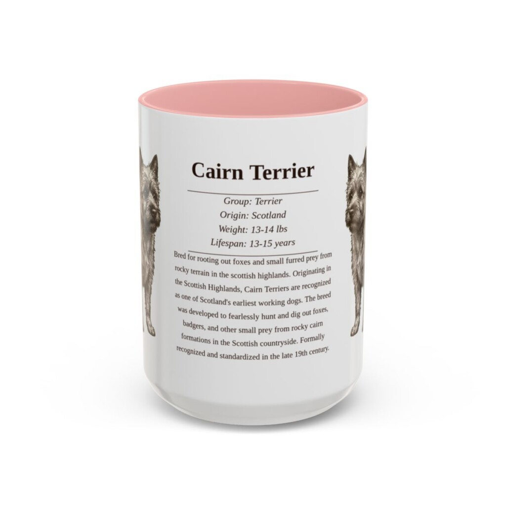 cairn-terrier-mug-writeup-pink-3 15oz Cairn Terrier Mug, Illustrated Dog Breed Facts Coffee Mug, Vintage Dog Keepsake Gift