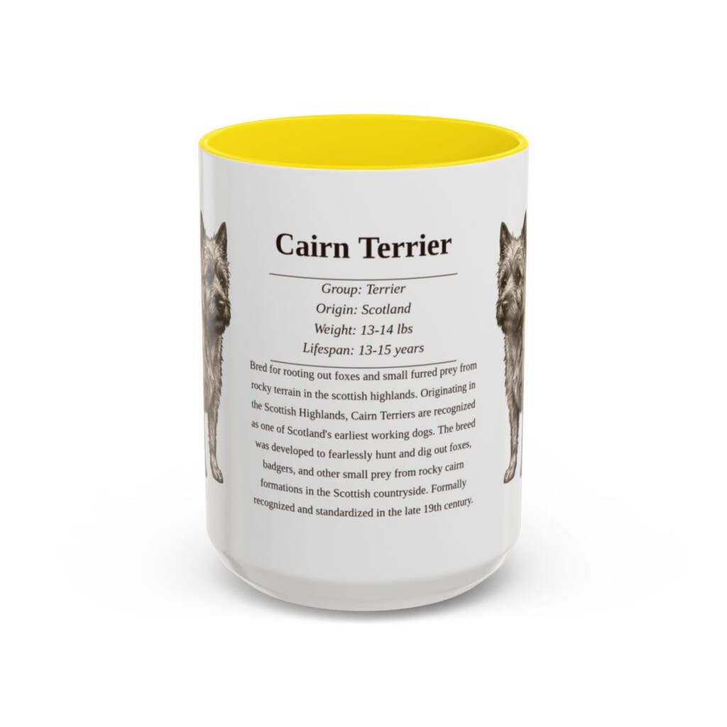cairn-terrier-mug-writeup-yellow-3 15oz Cairn Terrier Mug, Illustrated Dog Breed Facts Coffee Mug, Vintage Dog Keepsake Gift