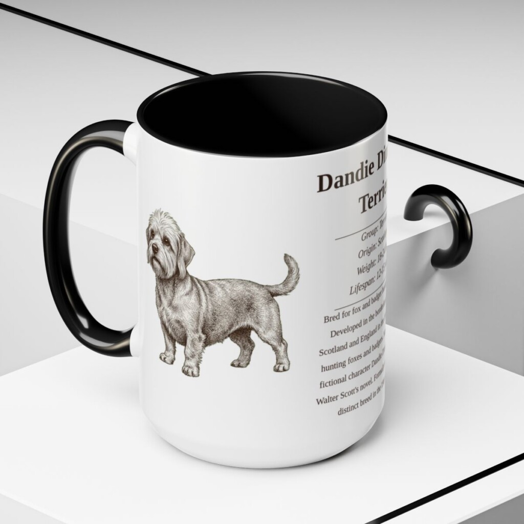 dandie-dinmont-terrier-mug-writeup-black-context-2-1 15oz Dandie Dinmont Terrier Mug, Illustrated Dog Breed Facts Coffee Mug, Vintage Dog Keepsake Gift