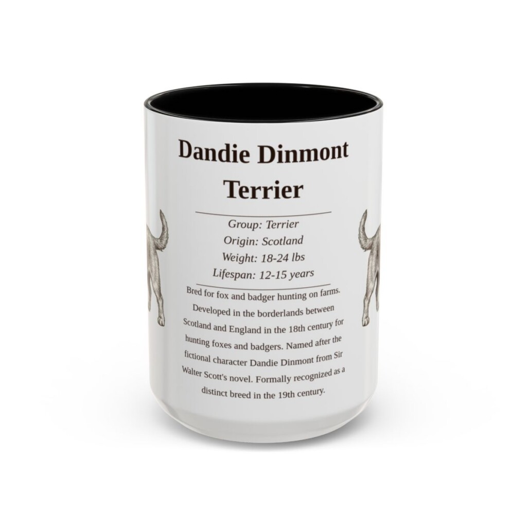 dandie-dinmont-terrier-mug-writeup-black-front-1 15oz Dandie Dinmont Terrier Mug, Illustrated Dog Breed Facts Coffee Mug, Vintage Dog Keepsake Gift