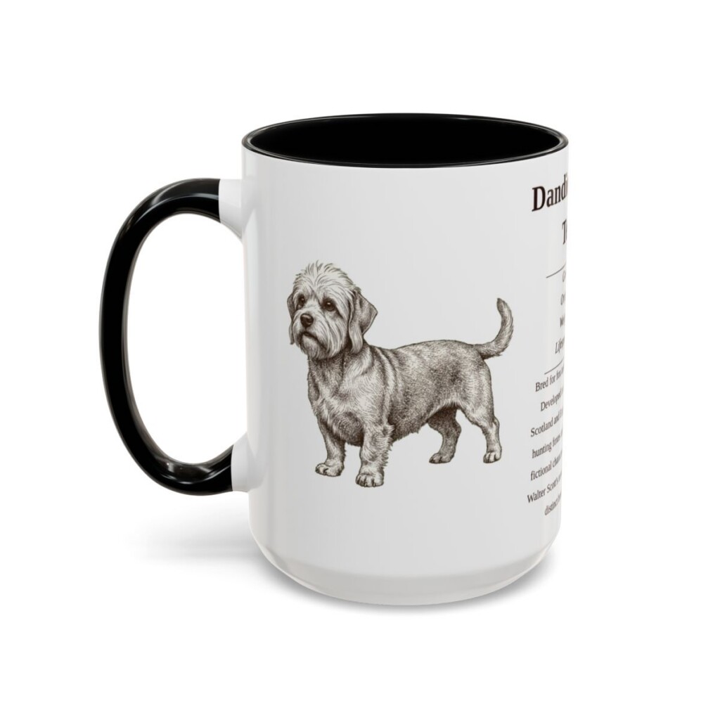 dandie-dinmont-terrier-mug-writeup-black-left-1 15oz Dandie Dinmont Terrier Mug, Illustrated Dog Breed Facts Coffee Mug, Vintage Dog Keepsake Gift