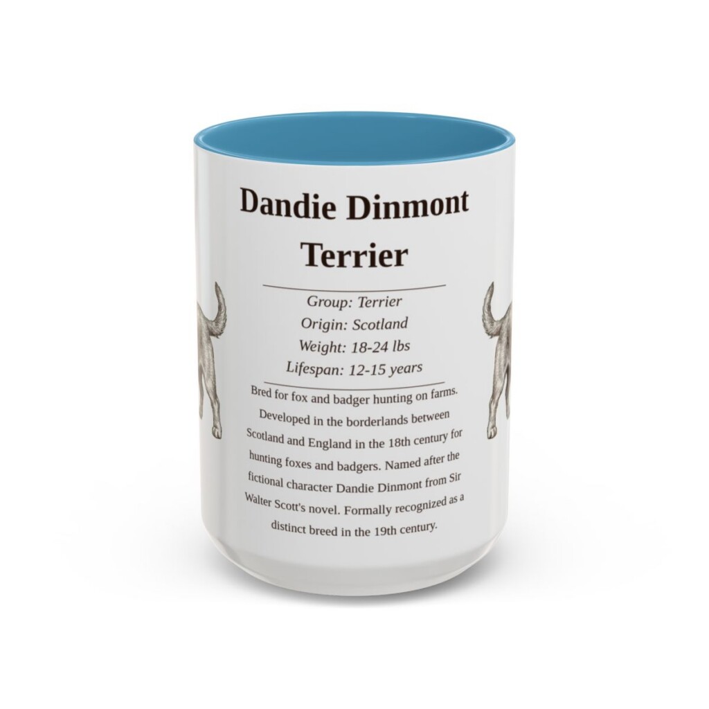 dandie-dinmont-terrier-mug-writeup-light-blue-1 15oz Dandie Dinmont Terrier Mug, Illustrated Dog Breed Facts Coffee Mug, Vintage Dog Keepsake Gift
