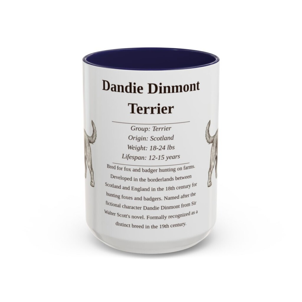 dandie-dinmont-terrier-mug-writeup-navy-1 15oz Dandie Dinmont Terrier Mug, Illustrated Dog Breed Facts Coffee Mug, Vintage Dog Keepsake Gift
