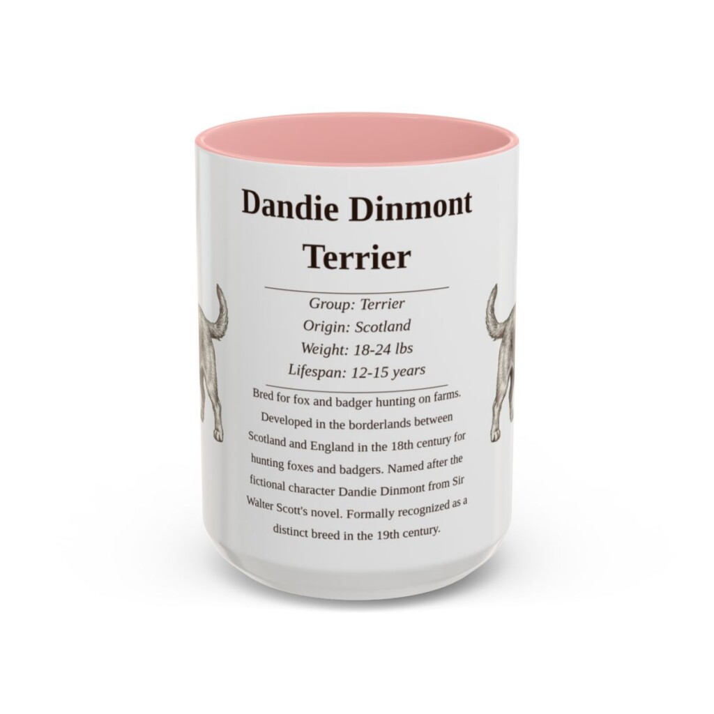 dandie-dinmont-terrier-mug-writeup-pink-1 15oz Dandie Dinmont Terrier Mug, Illustrated Dog Breed Facts Coffee Mug, Vintage Dog Keepsake Gift