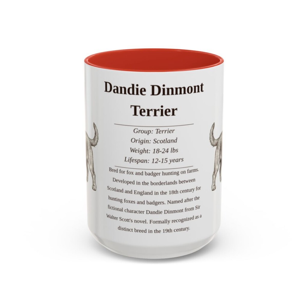 dandie-dinmont-terrier-mug-writeup-red-1 15oz Dandie Dinmont Terrier Mug, Illustrated Dog Breed Facts Coffee Mug, Vintage Dog Keepsake Gift
