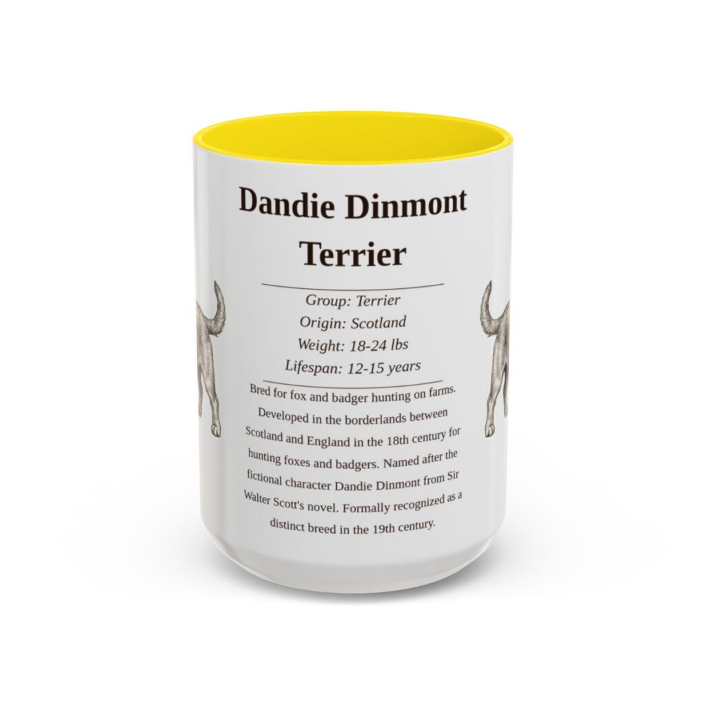dandie-dinmont-terrier-mug-writeup-yellow-1 15oz Dandie Dinmont Terrier Mug, Illustrated Dog Breed Facts Coffee Mug, Vintage Dog Keepsake Gift