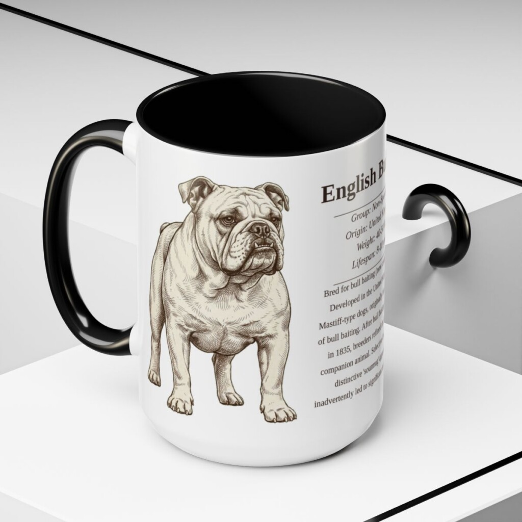 15oz English Bulldog Mug, Illustrated Dog Breed Facts Coffee Mug, Vintage Dog Keepsake Gift