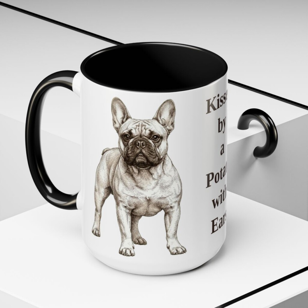 15oz Funny French Bulldog Mug, Kissed by a Potato with Ears, Vintage Dog Coffee Mug, Dog Lover Gift