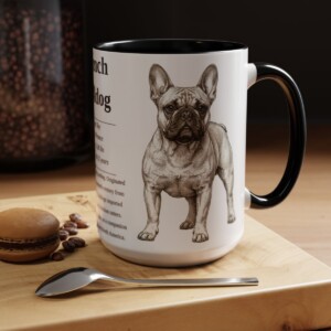 15oz French Bulldog Mug, Illustrated Dog Breed Facts Coffee Mug, Vintage Dog Keepsake Gift