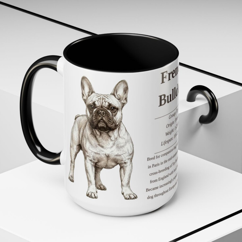 15oz French Bulldog Mug, Illustrated Dog Breed Facts Coffee Mug, Vintage Dog Keepsake Gift