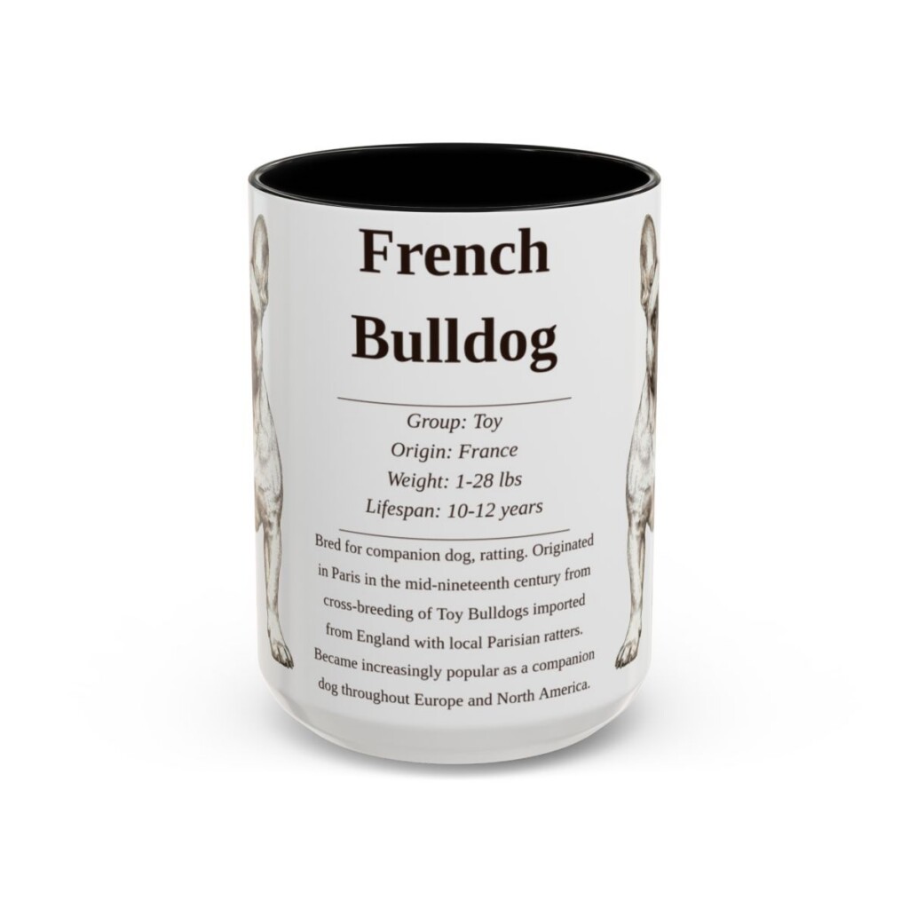 15oz French Bulldog Mug, Illustrated Dog Breed Facts Coffee Mug, Vintage Dog Keepsake Gift