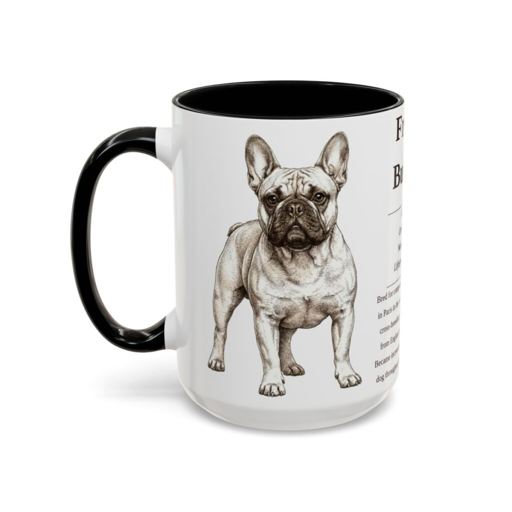 15oz French Bulldog Mug, Illustrated Dog Breed Facts Coffee Mug, Vintage Dog Keepsake Gift