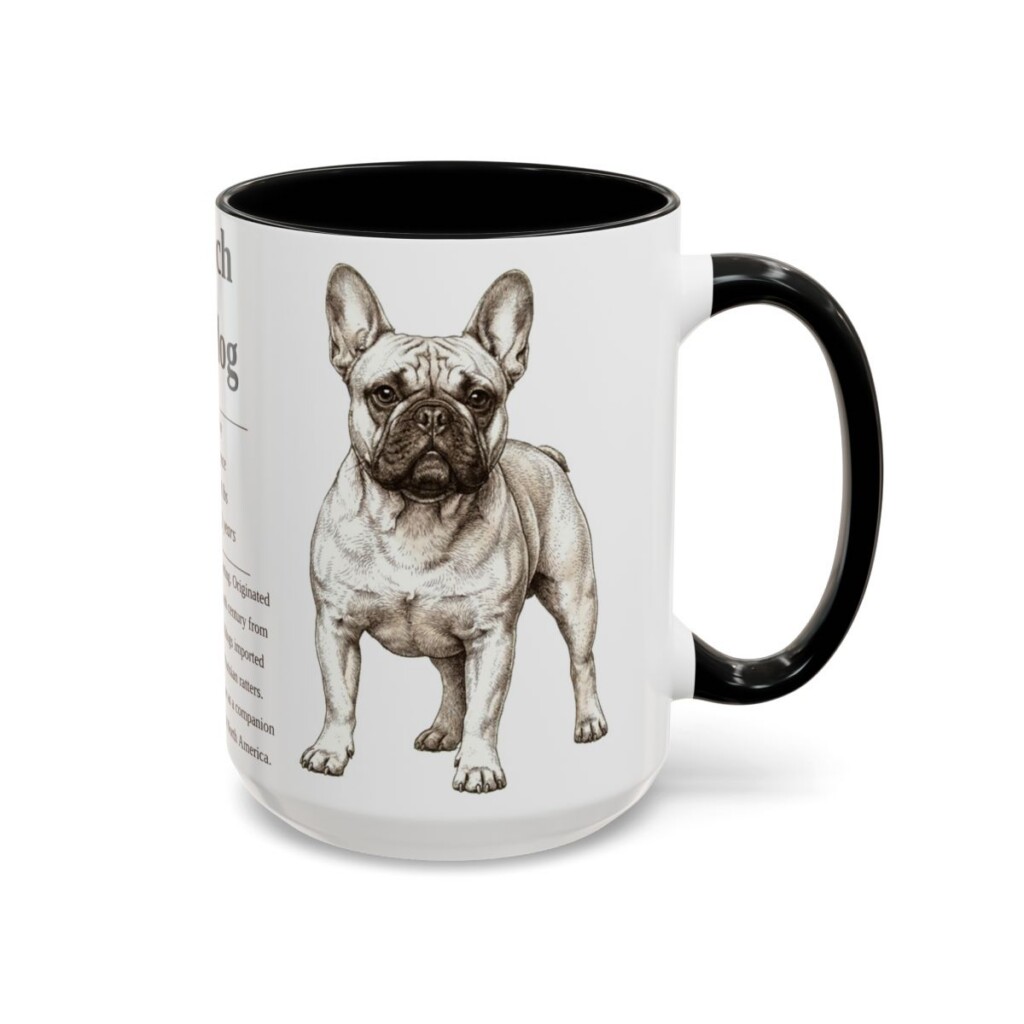 15oz French Bulldog Mug, Illustrated Dog Breed Facts Coffee Mug, Vintage Dog Keepsake Gift